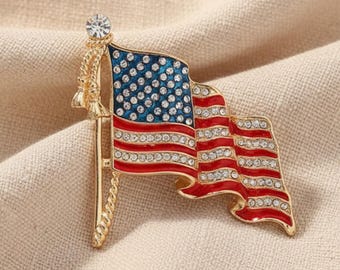 American Flag Crystal Brooch Pin 1.75", Patriotic Rhinestone Flag Badge, Red White Blue Election Jewelry, Military Mother Lapel Gift