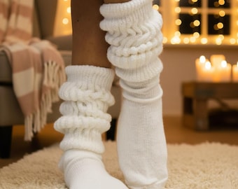 USA made ULTIMATE super thick WHITE cotton slouch socks  Larger  best quality hosiery knitted 10-13 size retro scrunchy,  men  women adults