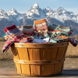 May include: A wooden basket filled with colorful patterned socks. The socks feature various designs in shades of red, blue, orange, and green. The basket is set against a backdrop of snow-capped mountains and a clear blue sky.