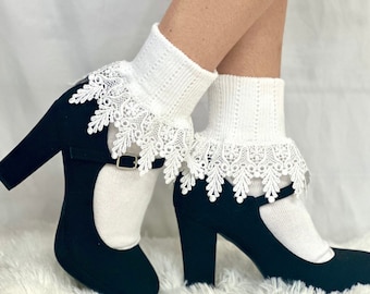 ORIGINAL lace cuff socks  - white USA MADE, lace socks baby doll, girly,  women&#39;s hosiery, homemade fashion, quality, style, trendy, cute