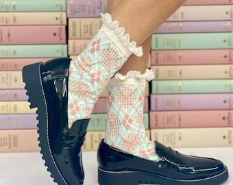 Argyle Lace Socks, Pastel Preppy Plaid Ankle Socks, Coquette Aesthetic Light Academia Crew Hosiery, Cute Trendy Spring Gift for Her 1pr