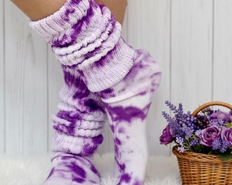 Lila tie dye-slouchstrumpor, handfärgade bomullsstrumpor, funky Y2K Rave Festival-strumpor, 90-tals scrunchstrumpor, present till henne