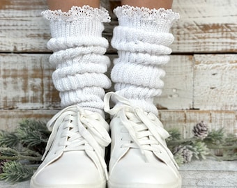 ULTIMATE scrunchy  LACE  topped  thick cotton chunky  slouch socks - WHITE,  women's  adults,, Usa made, hosiery, 1980s comfy lounge socks