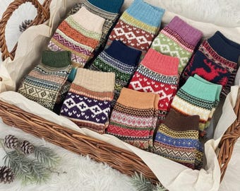 3 Pair Nordic Socks  Bundle w Wish Bracelet, Colorful Patterned Crew Socks Gift Bag Set, Wintry Mix assorted ankle  Boot Socks  Gift for Her