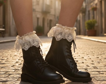 Ruffled Lace Boot Socks Cream Crochet Trim Frilly Socks Coquette Cottagecore Anklet Vintage Style Combat Boot Accessories Catherine Cole