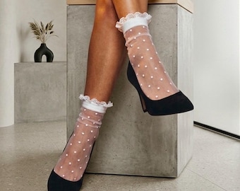 White Polka Dot Lace Socks, Sheer Vintage Nylon Ankle Socks for Heels, Coquette Aesthetic Wedding Bridal Hosiery, Cute Trendy Gift 1pr