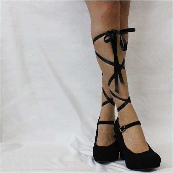 BALLERINA socks with lace up ties - Black  no show peep lace hosiery with long satin ribbon ties, white swan fashion ballet
