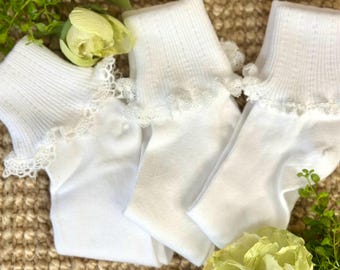 3 Pair White Lace Cuff Socks Bundle, Cotton Ankle Multi-Pack with Assorted Ruffle Trim, Cute 80s Retro Bobby Socks, Bridesmaid Gift Pack