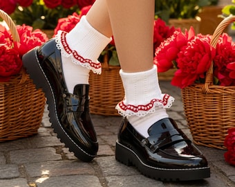 RIBBON heart lace cuff socks - red , Cute lace socks for women, made in USA quality, signature socks,