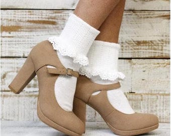 BOBBY lace cuff  ankle socks - white USA MADE, lace socks booties, women&#39;s hosiery, homemade fashion, fashion, lace socks heels  for ladies