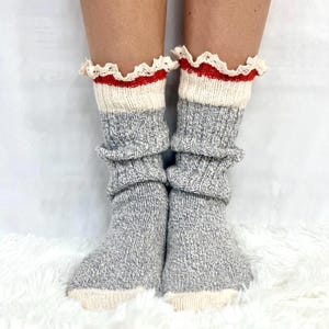 VINTAGE rag striped crew socks women&#39;s,  USA made American lace socks women, lace boot socks, best quality socks, lace trimmed socks ladies
