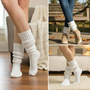 May include: White slouch socks are featured in three different settings. The socks are made of a soft, ribbed knit material and are worn with casual shoes and jeans. The socks are shown in a home setting, on a porch, and on a rug.