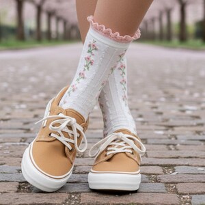 Pink Lace Socks with Flowers, Floral Ankle Socks for Women, Coquette Aesthetic Mesh Dress Hosiery, Cute Trendy Spring Gift for Her 1pr, GARDEN PARTY floral lace ankle sock  |  feminine fashion hosiery for women | Catherine Cole