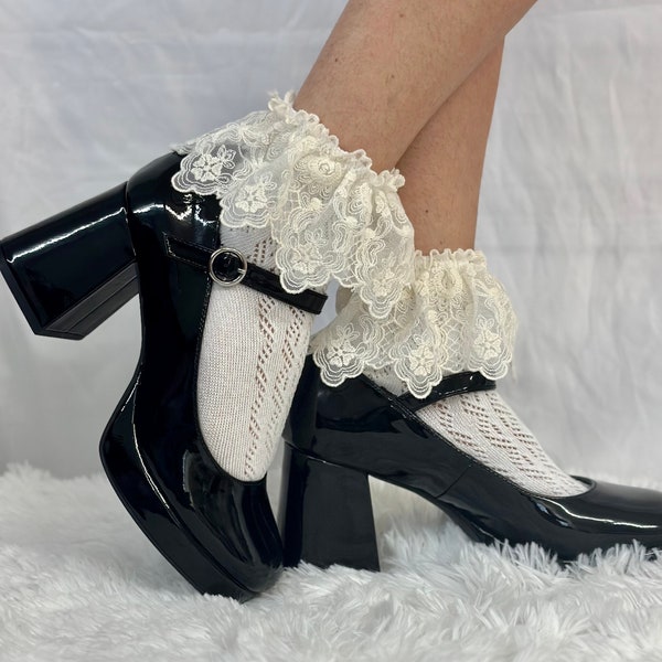 Floral gehäkelte lange Spitze Söckchen CREME trendige niedliche girly Socken Booties, Damen Strumpfwaren, hausgemachte Mode, Rüschen Mode niedlichen Stil