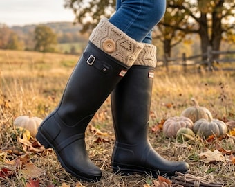 Taupe Knit tall Rain Boot Toppers, Woodland Real Wood Button Boot Cuffs,  Cozy Ankle Warmers, Gorpcore Cabin Style Leg Cuffs, Fall Gift her