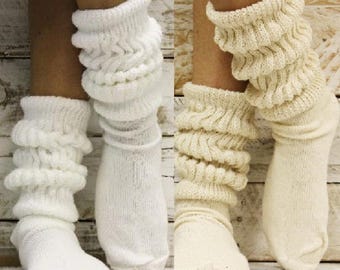 ULTIMATE 2 pary grubych skarpetek, białe, beżowe, grube bawełniane skarpetki, grube, elastyczne, retro, z lat 80., luźne, dzianinowe pończochy Hooters – 2 rozmiary