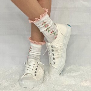 GARDEN PARTY floral lace ankle sock - pink, feminine fashion hosiery for women, Catherine Cole socks, Pink Lace Socks with Flowers, Floral Ankle Socks for Women, Coquette Aesthetic Mesh Dress Hosiery, Cute Trendy Spring Gift for Her 1pr