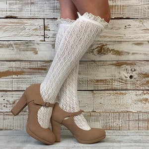 LOLITA lacy crochet knee socks for women, CREAM cute baby doll style, tall cowgirl western knit socks women fashion frilly clothing