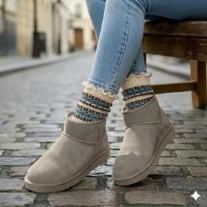 Tan Nordic Lace Top Socks, Scandinavian Pattern Boot Socks, Made in USA Cozy Knit Ankle Hosiery, Cottagecore Clog Crew Cuffs, Autumn Gift