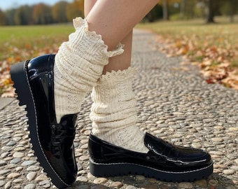 Beige Lace Trim Socks, Cable Knit Loafer Socks, Made in USA Cotton Boot Socks for Women, Slouchy Preppy Crew Cuffs, Gift for Her 1pr