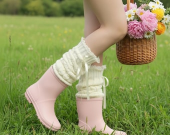 Cream Lace Leg Warmers, Satin Bow Knit Boot Cuffs for Women, Coquette Aesthetic Thigh High Calf Covers, Cute Cold Weather Gift 1pair
