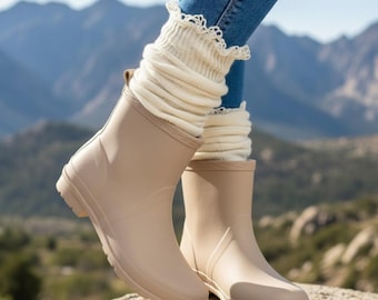 Calze al ginocchio in pizzo naturale, calze lunghe a trecce da donna, calze sopra il ginocchio color crema con bordo all'uncinetto, calze invernali alte e comode per la pioggia.