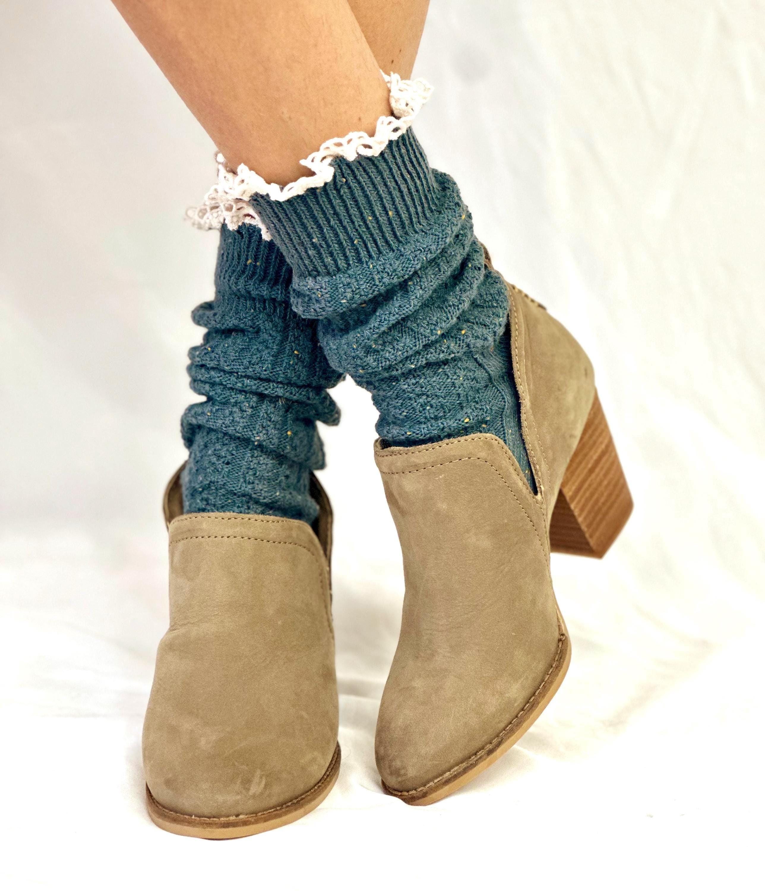 Slate blue lace top slouch socks for booties. women's Fall fashion, made in USA slouch socks, quality lace hosiery, short ankle socks women.