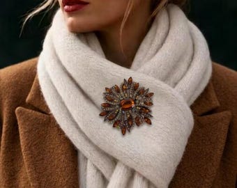 2.5” Elegant Amber Flower Brooch Pin for Women | Shimmering Brown Crystal Statement Badge | Autumn Fashion Outfit Accessory, Luxury