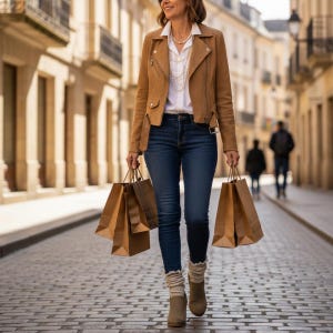 Puede incluir: Una persona camina por una calle adoquinada, llevando bolsas de compras de papel marrón. Viste una chaqueta de ante marrón claro, camisa blanca, vaqueros azul oscuro y botines marrones. Un collar de perlas completa el atuendo. El fondo es una calle europea.