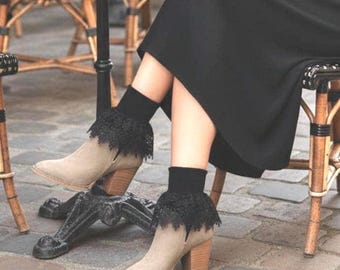 Black Lace Cuff Socks, 3 Inch Victorian Embroidered Lace Ankle Socks, Coquette Goth Lolita Hosiery, Made in USA Gift for Her