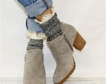 ORGANIC lace boot socks - salt n pepper tweed, USA MADE, soft, eco friendly hosiery women&#39;s, sustainable fashion, cute marled yarn socks