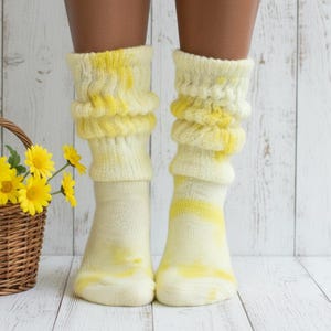 Yellow Tie Dye Slouch Socks • Made in USA Thick Cotton Scrunch Socks • Retro 90s Aesthetic Lounge Apparel • Heavy Knit Boot Cuffs 1 Pair