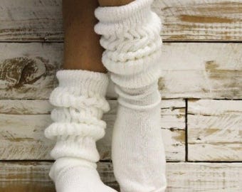 ULTIMATE  cotton thick chunky scrunchy WHITE comfy lounge socks ,  American Made  USA slouchy knit socks men women, 1980s
