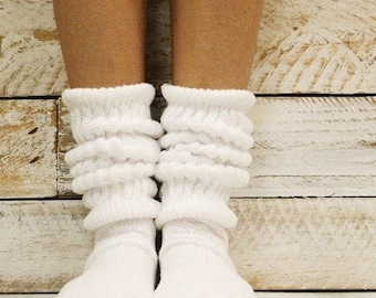 Quality thick super slouchy Hooter's style white slouch socks for women, american made  scrunchie  hosiery quality