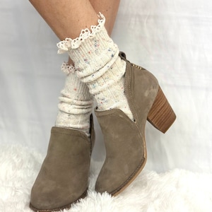 CONFETTI  lace slouch socks  USA knitted for booties. women's Fall fashion, tweed slouch socks, quality lace hosiery, walking hiking women