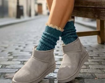Slate Blue Tweed Lace Slouch Socks, Knit Cotton Bootie Socks for Women, Chunky Ankle Boot Cuffs, Cozy Cabin Coastal Grandmother Gift 1pr