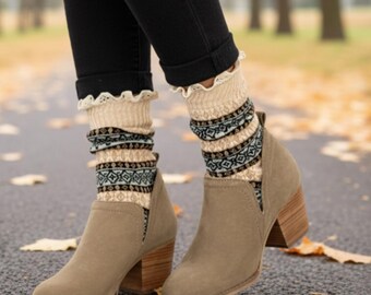 Tan Nordic Lace Top Socks, Scandinavian Pattern Boot Socks, Made in USA Cozy Knit Ankle Hosiery, Cottagecore Clog Crew Cuffs, Autumn Gift
