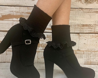 black cute bobby socks, lace cuff socks women, usa made, lacy hosiery, fashion socks ladies, quality clothing