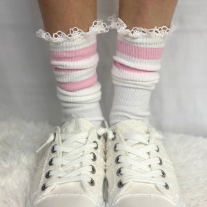 SCHOOLGIRL striped athletic socks women's - pink, USA MADE, lace socks ,girly,  women's hosiery,  fashion, quality, style, trendy, cute