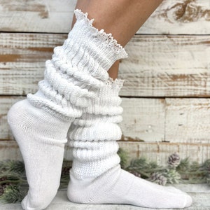 Super thick cotton WHITE  lace slouch socks women, Hooter's style scrunchy slouch socks lace, USA MADE quality, fun cute hosiery  fashion