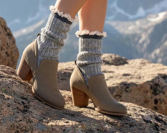 MARLED cotton short lace boot socks - GREY, cute short boot socks for women, AMERICAN Made socks, hosiery - Usa quality products