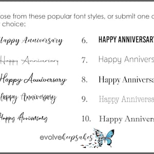 May include: A graphic showing 10 different font styles for the phrase "Happy Anniversary". The fonts range from simple and elegant to bold and playful. The graphic also includes the text "evolvekeepsakes" at the bottom.