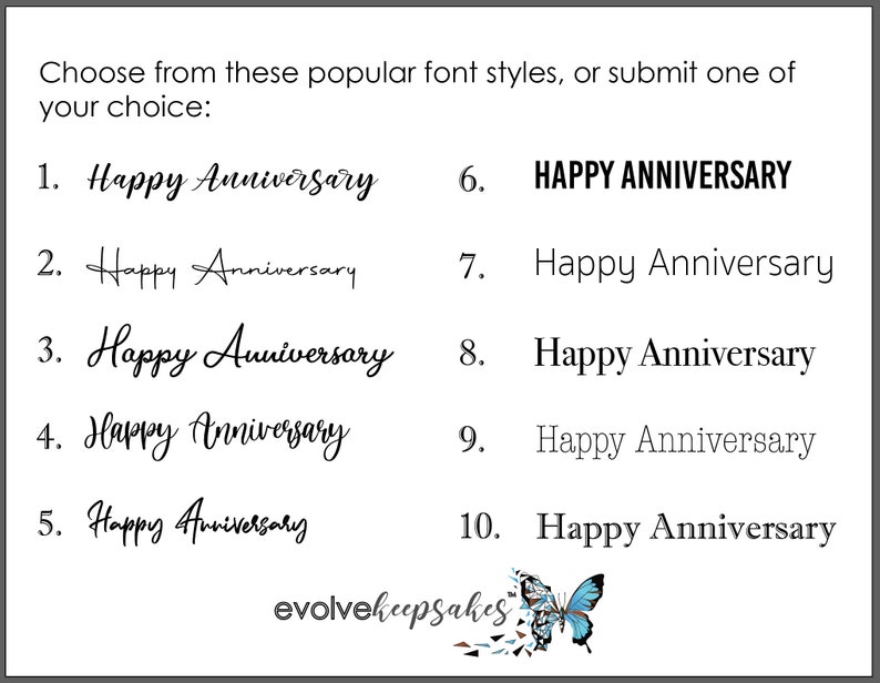 May include: A graphic showing 10 different font styles for the phrase "Happy Anniversary". The fonts range from simple and elegant to bold and playful. The graphic also includes the text "evolvekeepsakes" at the bottom.