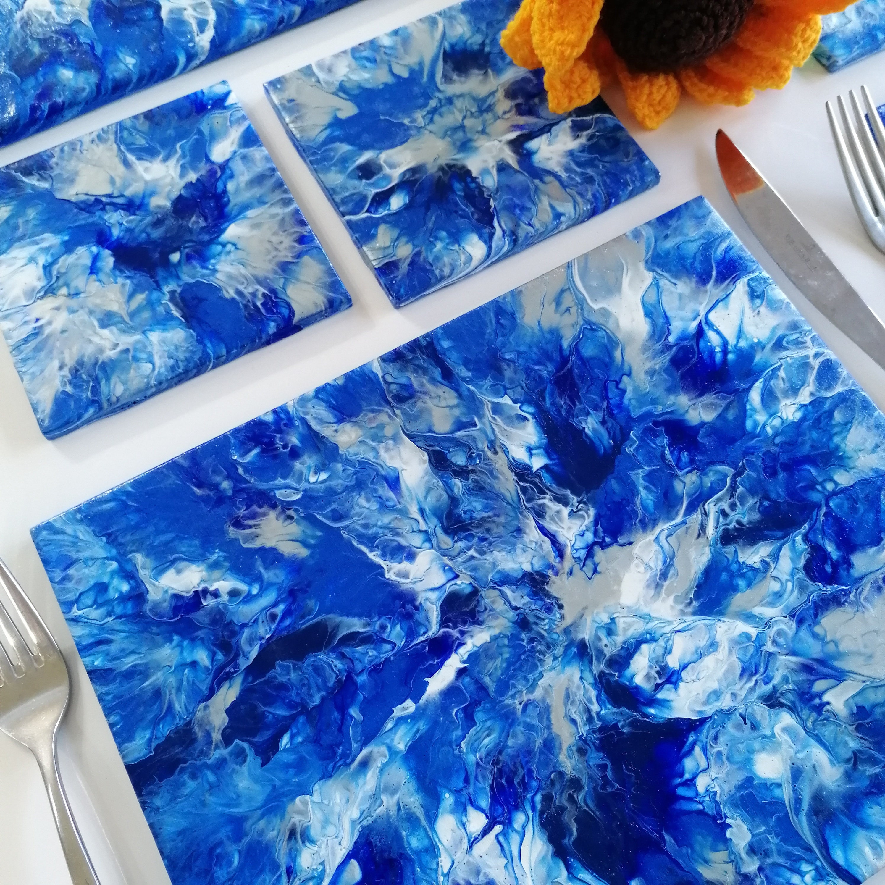 Placemat and Coaster Set of 6 Blue Table Mats Acrylic Pour Etsy UK