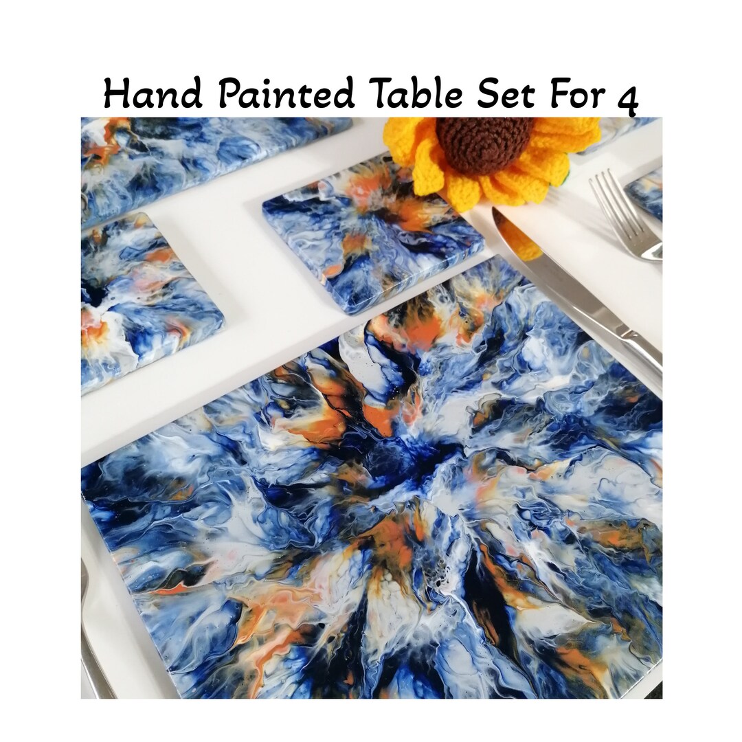 4 Navy Copper Placemats and Coasters Acrylic Pour Hand Etsy