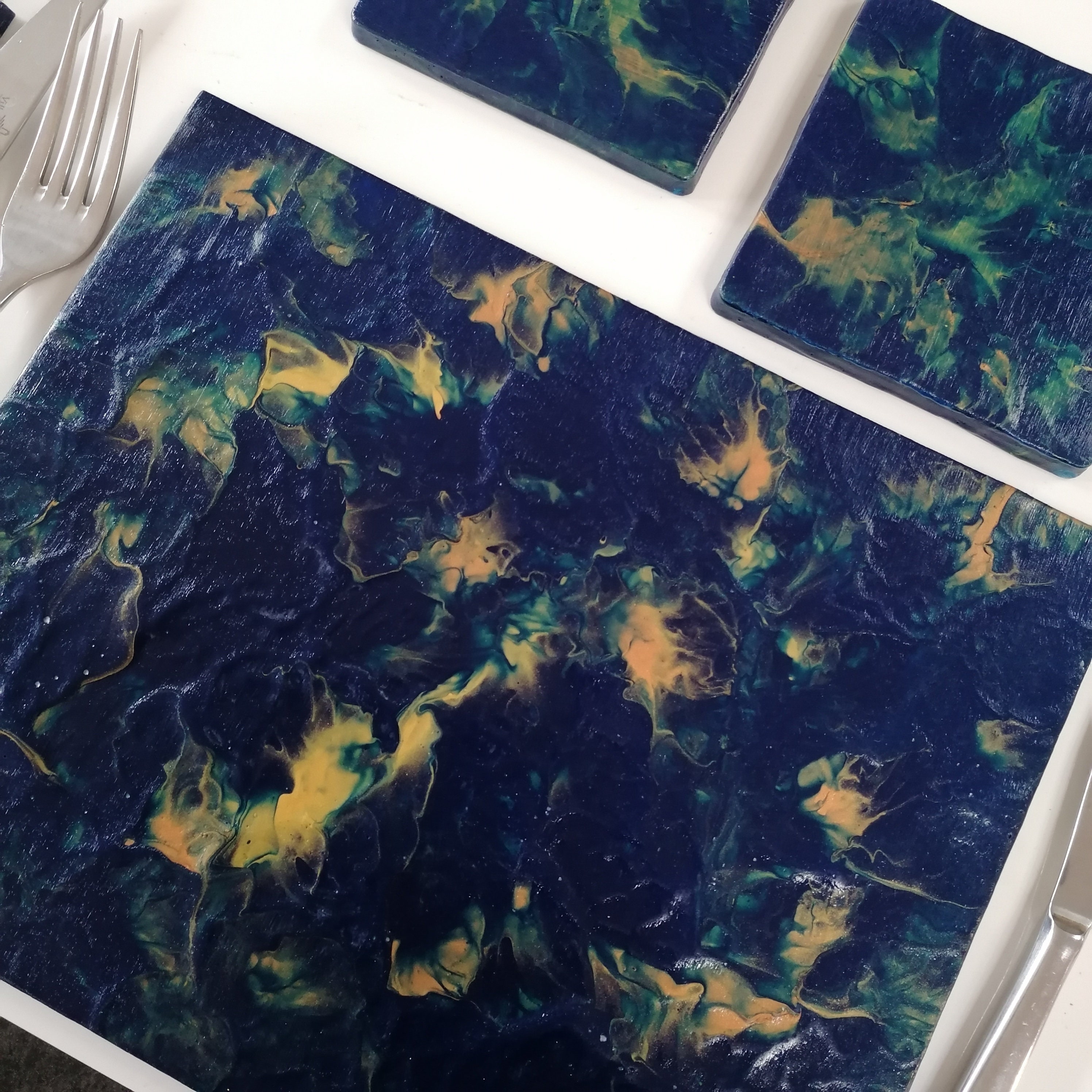 4 Navy Gold Placemats and Coasters Acrylic Pour Hand Painted Etsy