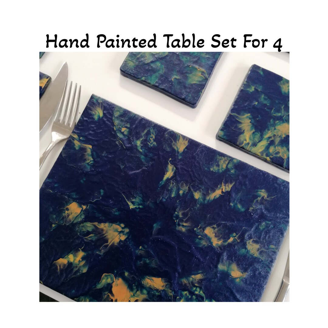 4 Navy Gold Placemats and Coasters Acrylic Pour Hand Painted Etsy
