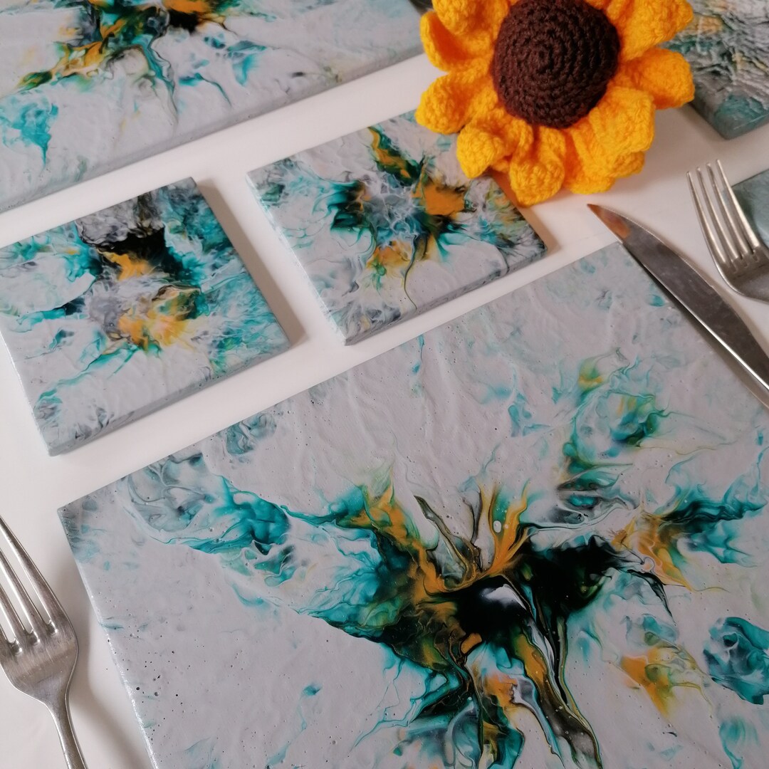 4 Hand Painted Teal Gold Placemats and Coasters Handmade Etsy