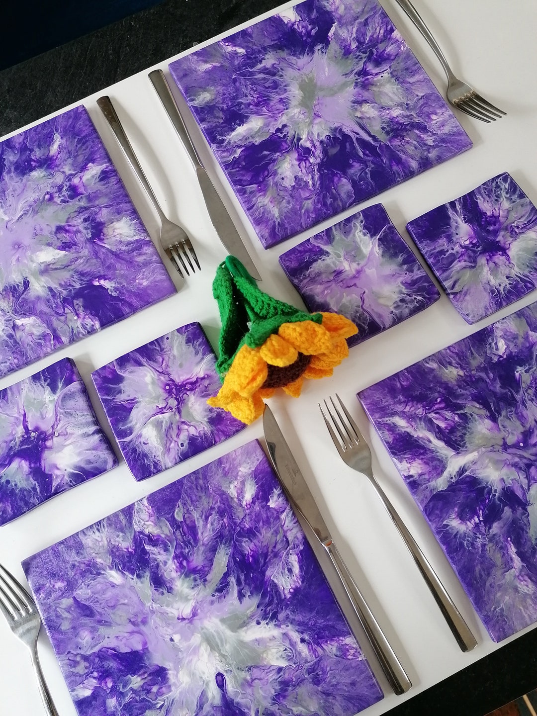Square Purple Placemats and Coasters Set of 4 Acrylic Pour Etsy UK