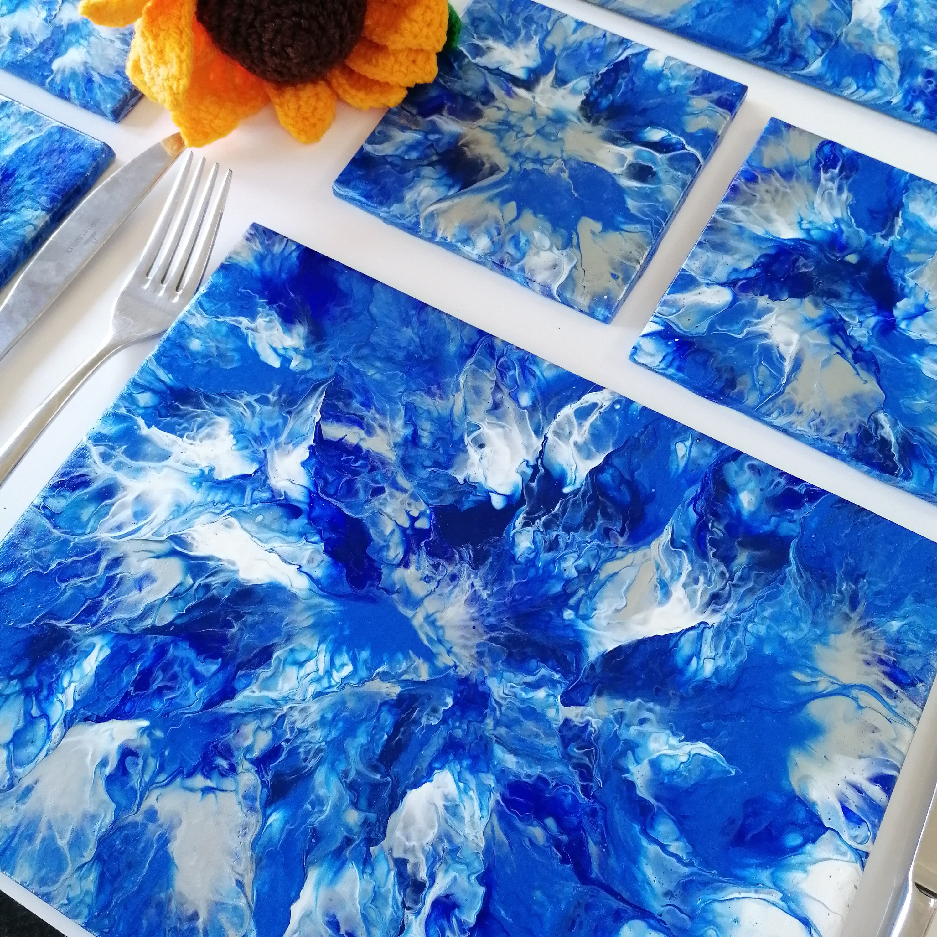 Placemat and Coaster Set of 6 Blue Table Mats Acrylic Pour Etsy UK